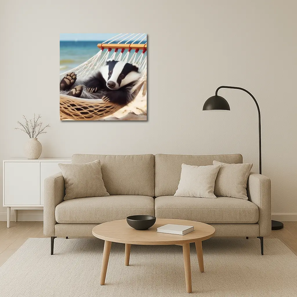 Badger Relaxing in Hammock Beach Scene – Wall Art