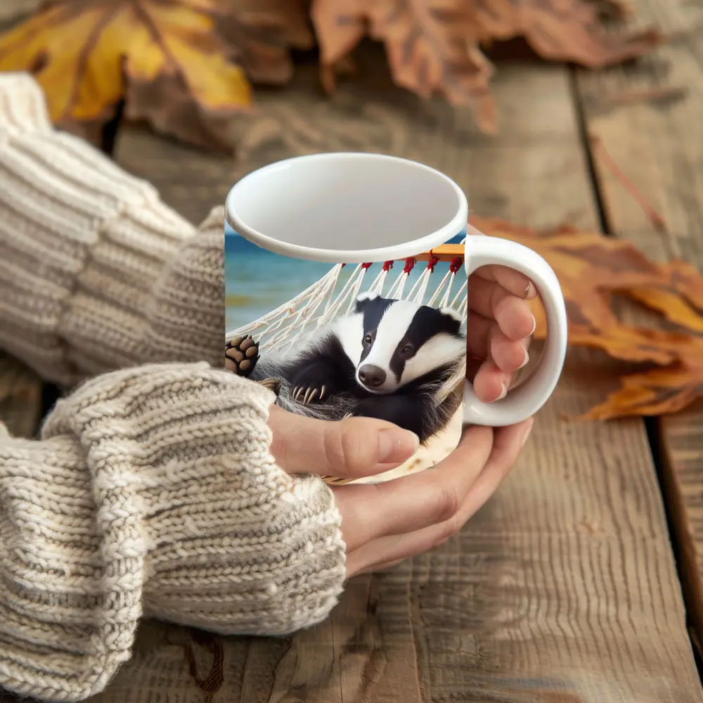 Badger Relaxing in Hammock Beach Scene – Mugs