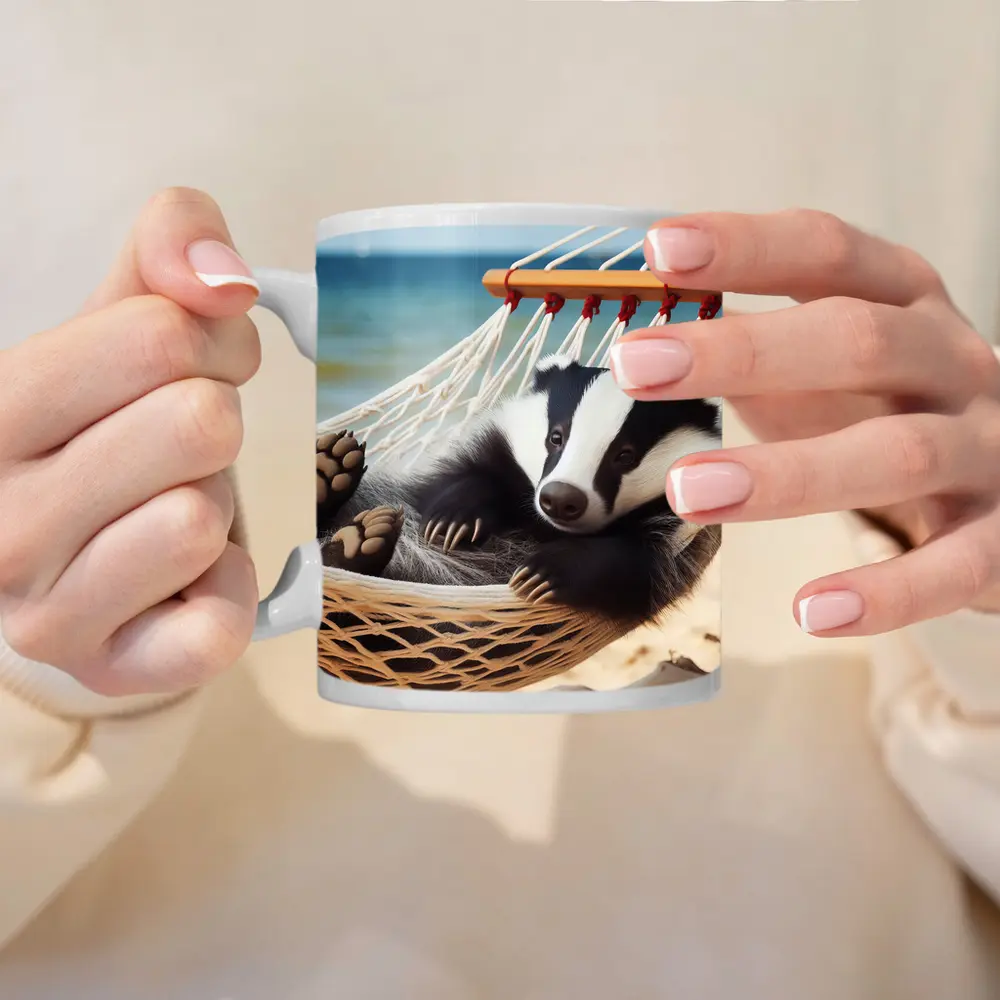 Badger Relaxing in Hammock Beach Scene – Mugs