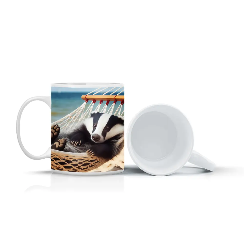 Badger Relaxing in Hammock Beach Scene – Mugs