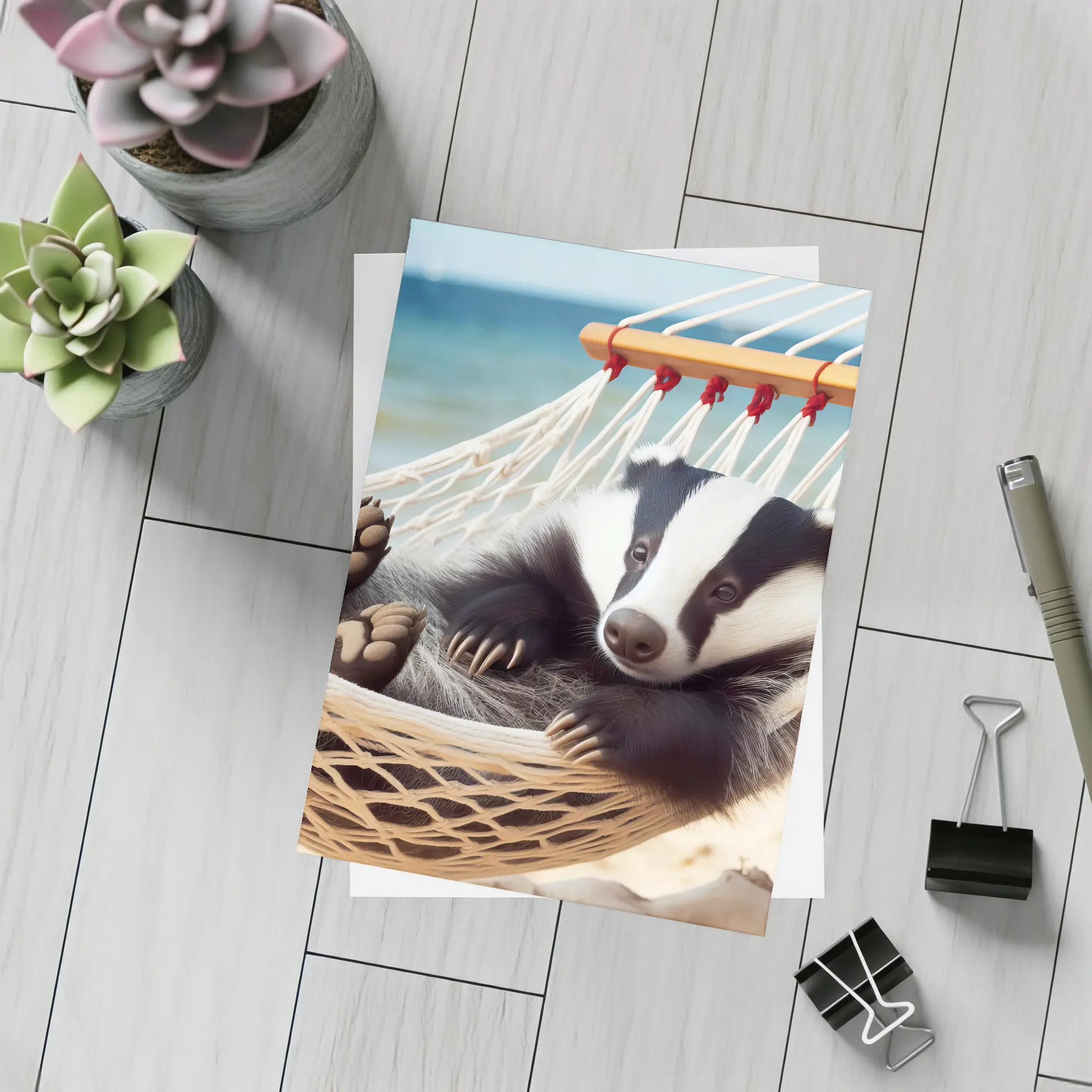 Badger Relaxing in Hammock Beach Scene – Postcards
