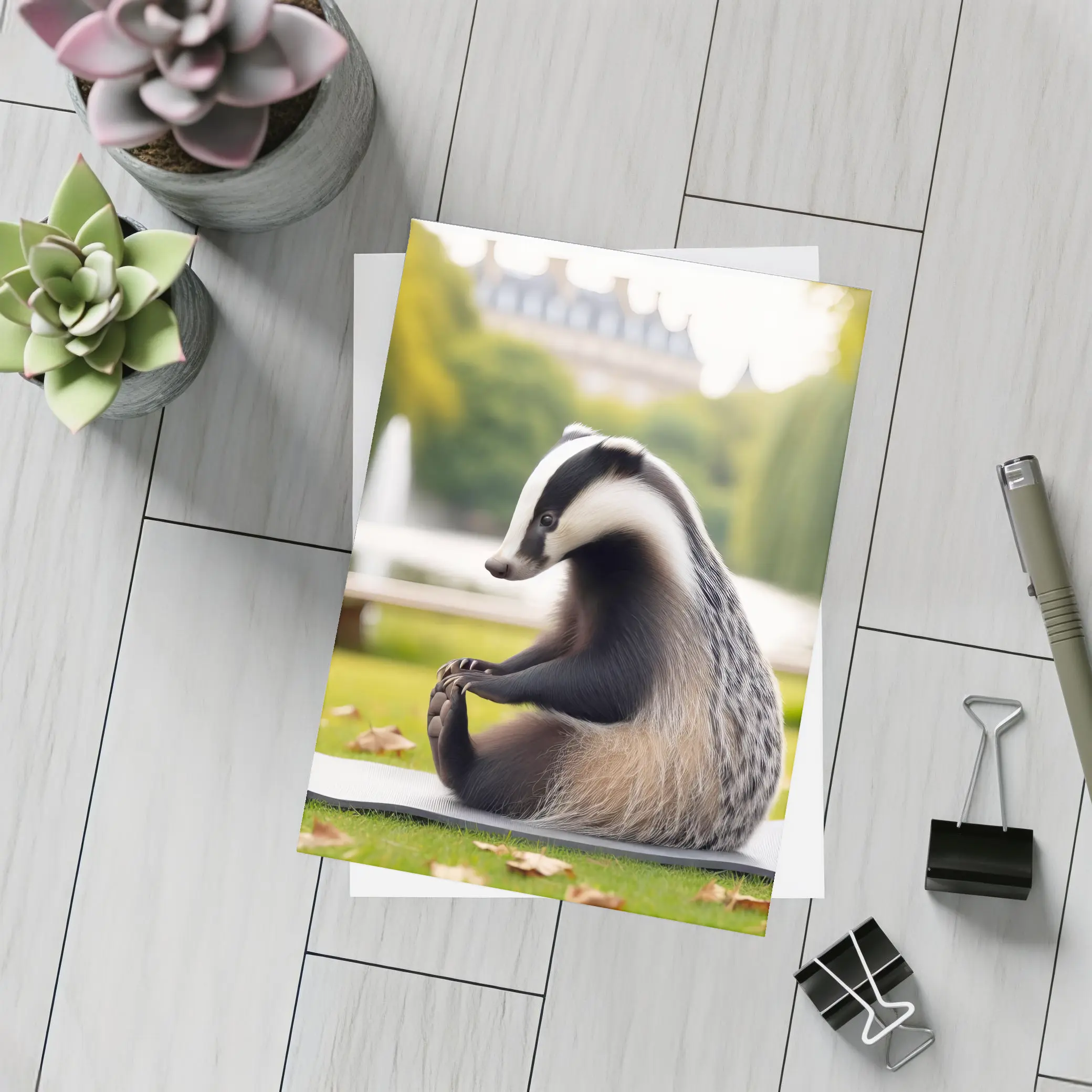 Badger Doing Yoga In Park – Postcards