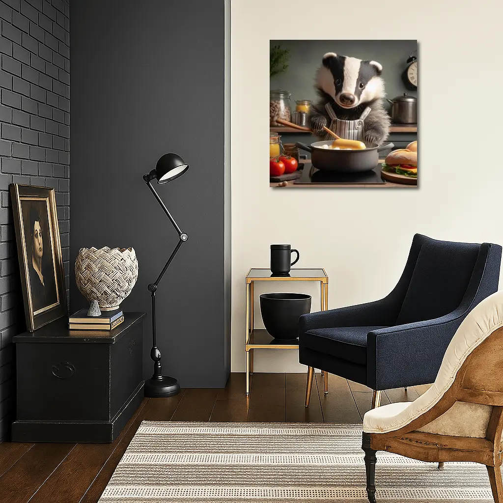 Badger Chef Cooking In Cozy Kitchen – Wall Art