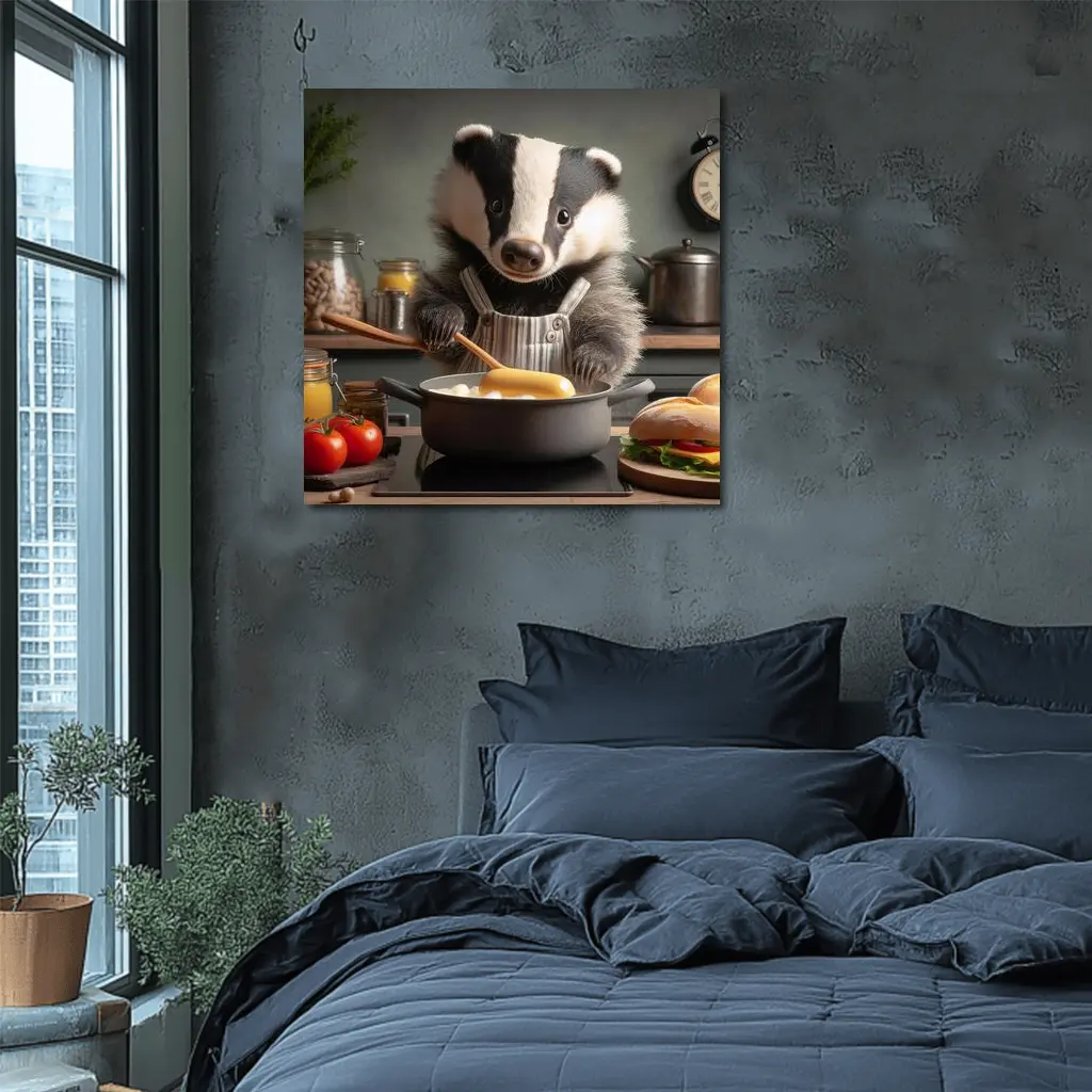 Badger Chef Cooking In Cozy Kitchen – Wall Art