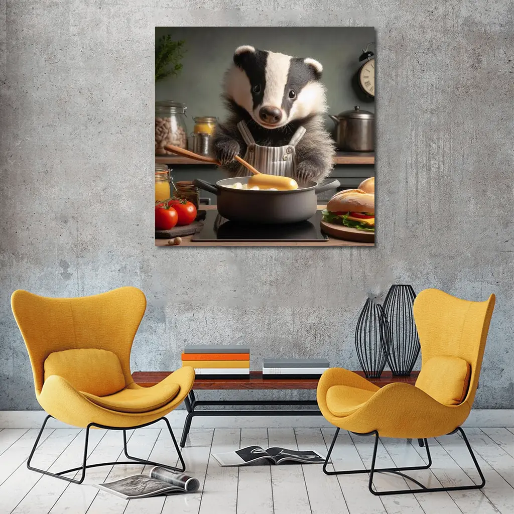 Badger Chef Cooking In Cozy Kitchen – Wall Art