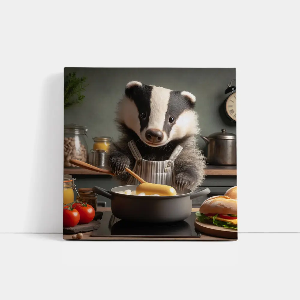 Badger Chef Cooking In Cozy Kitchen – Wall Art