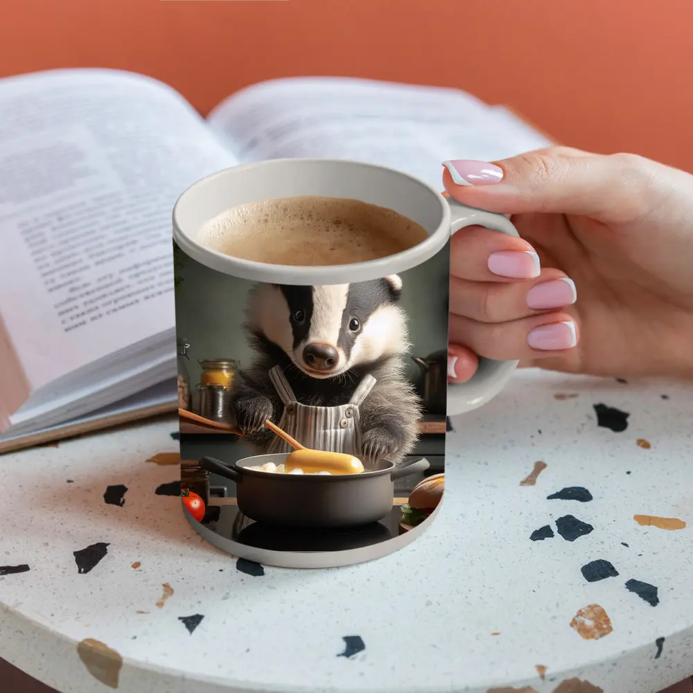 Badger Chef Cooking In Cozy Kitchen – Mugs