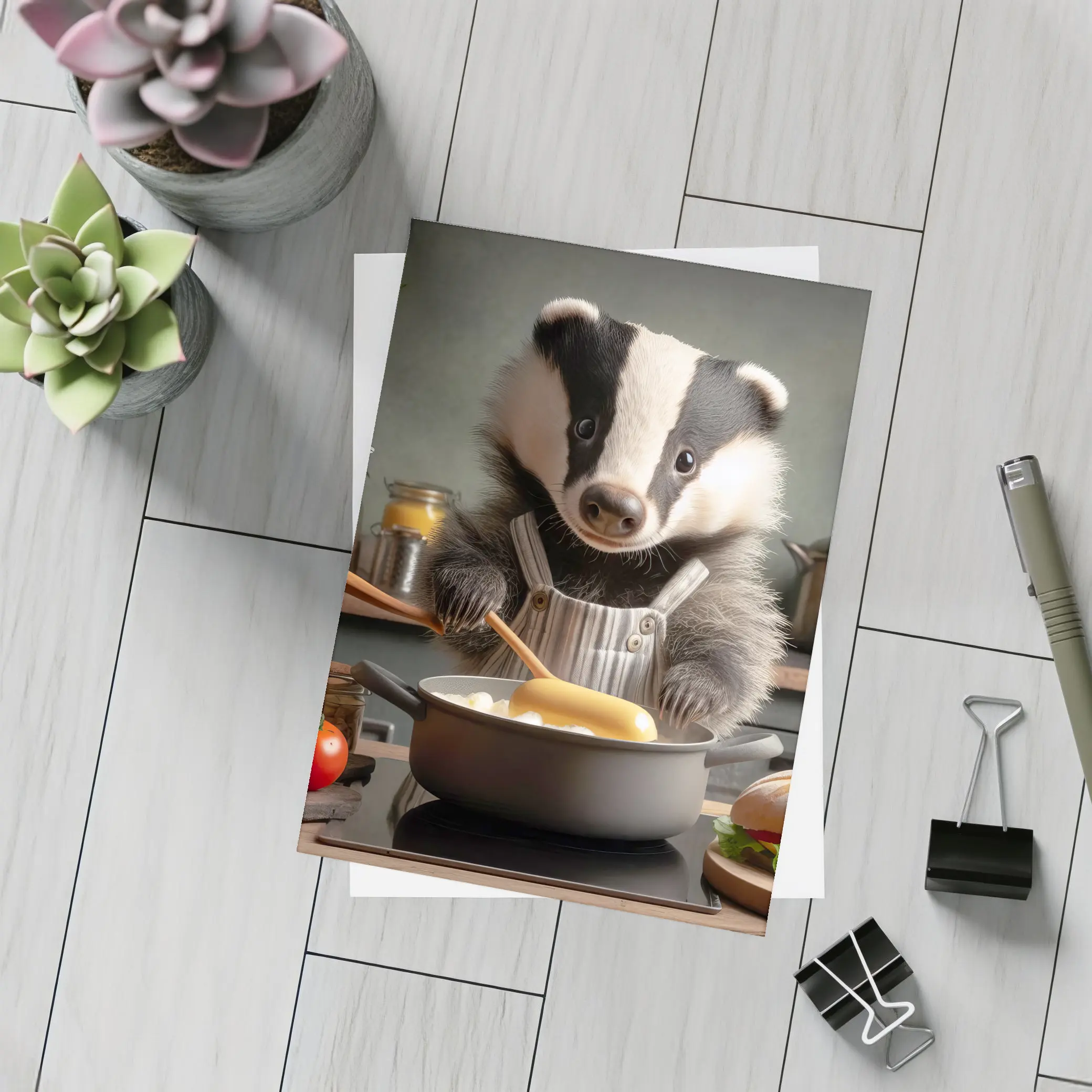 Badger Chef Cooking In Cozy Kitchen – Postcards