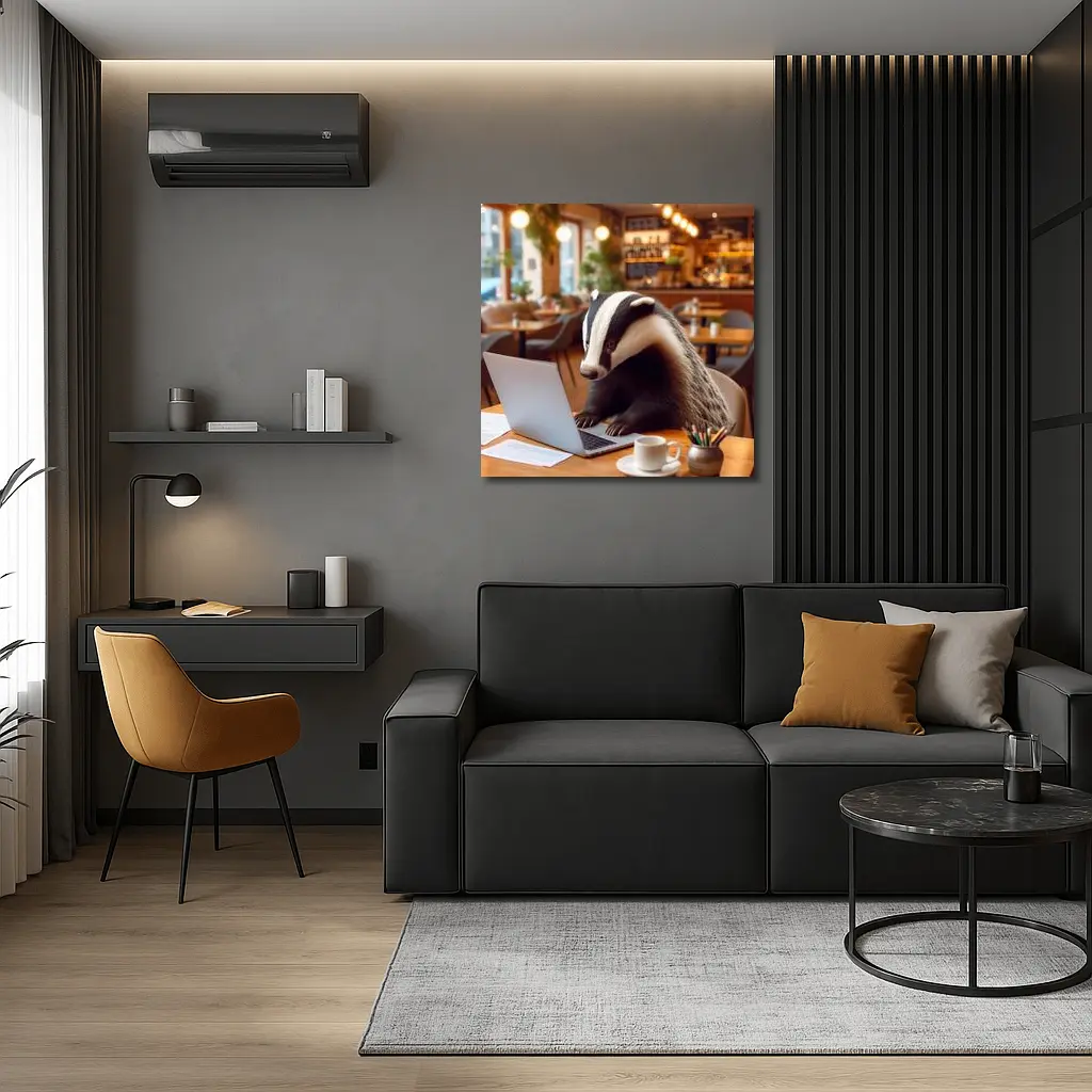 Badger Working On Laptop In Cafe – Wall Art