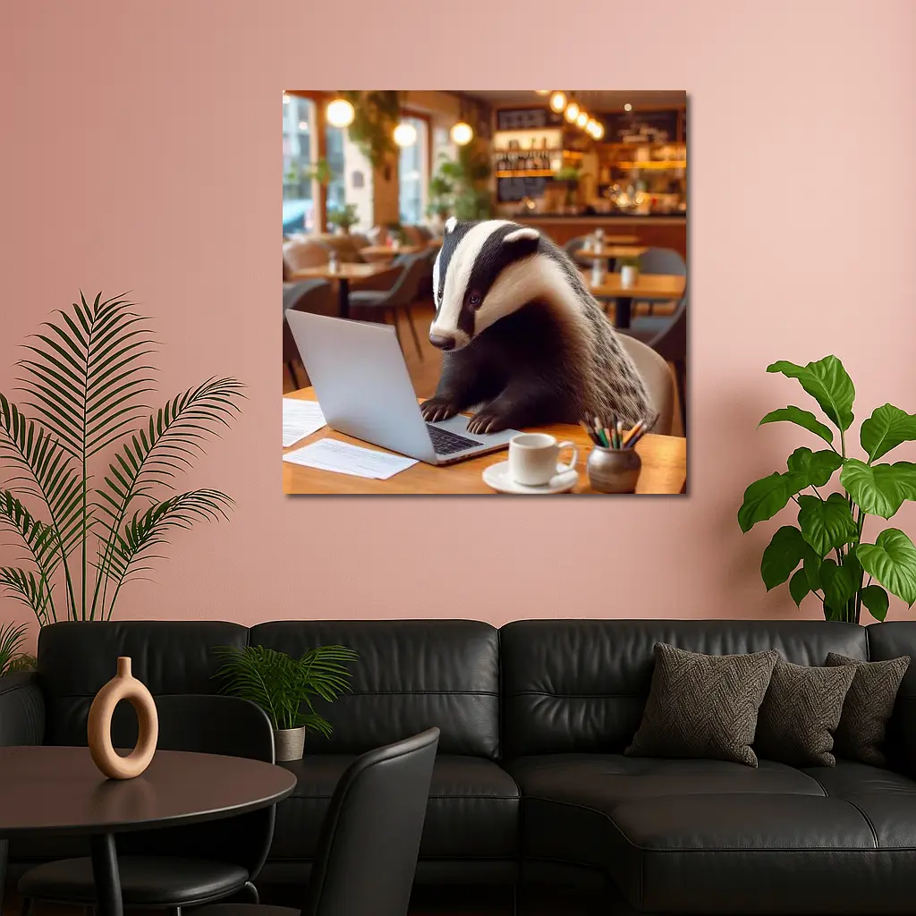 Badger Working On Laptop In Cafe – Wall Art