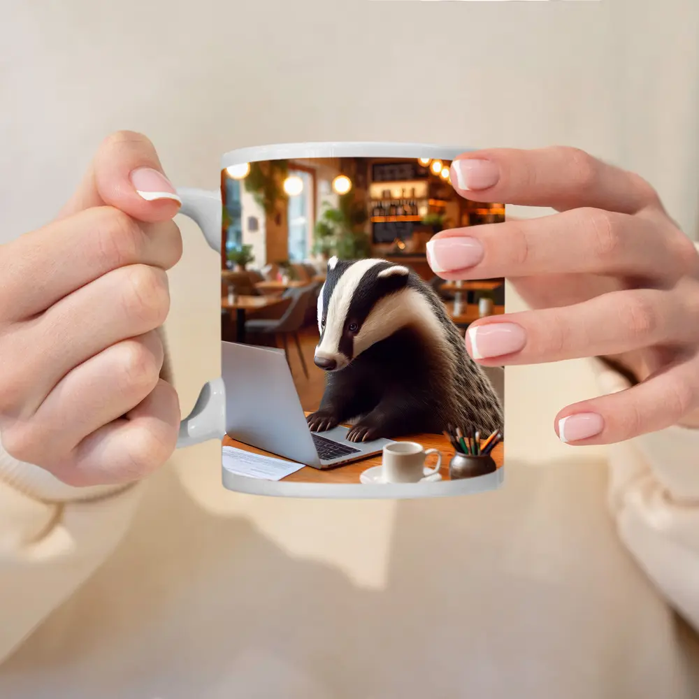 Badger Working On Laptop In Cafe – Mugs