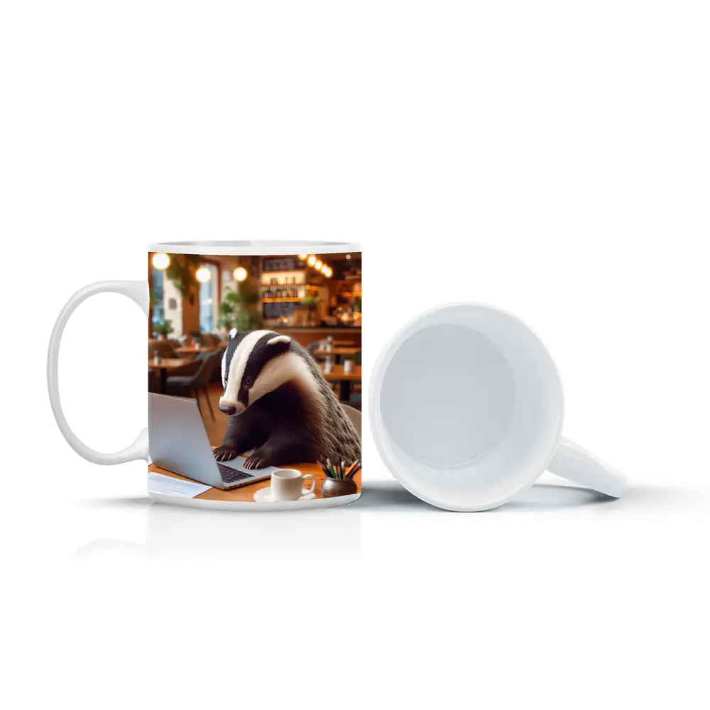 Badger Working On Laptop In Cafe – Mugs