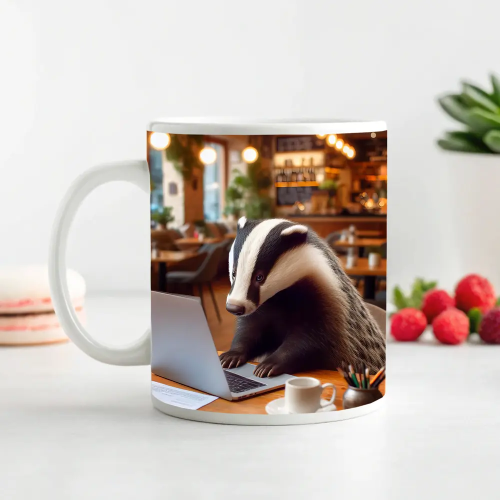 Badger Working On Laptop In Cafe – Mugs