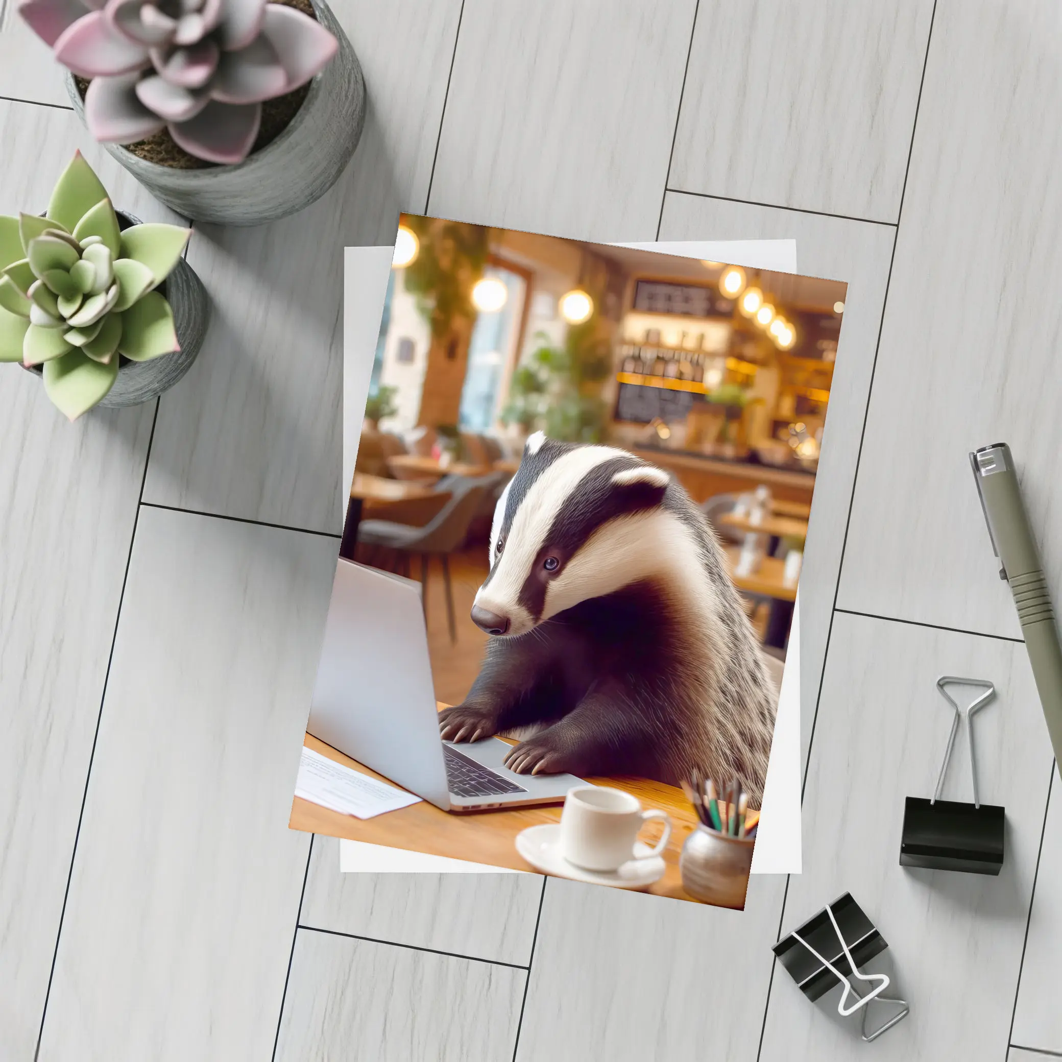 Badger Working On Laptop In Cafe – Postcards