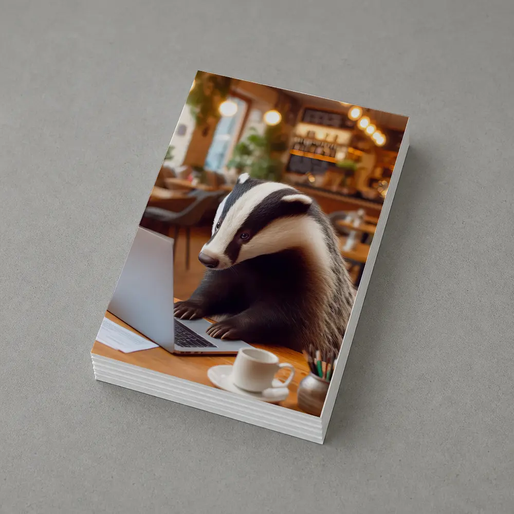 Badger Working On Laptop In Cafe – Postcards