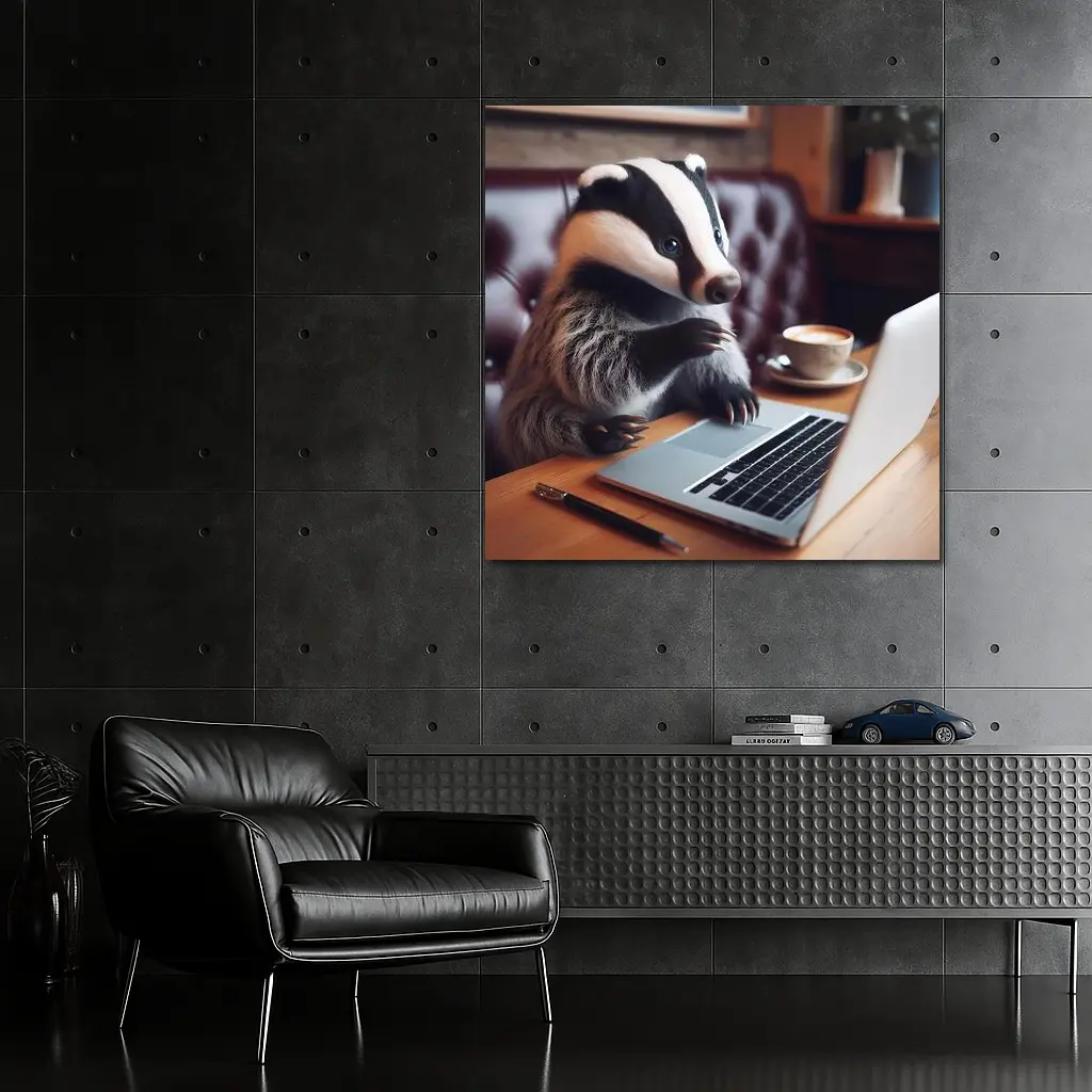 Badger Working On Laptop In Cafe – Wall Art