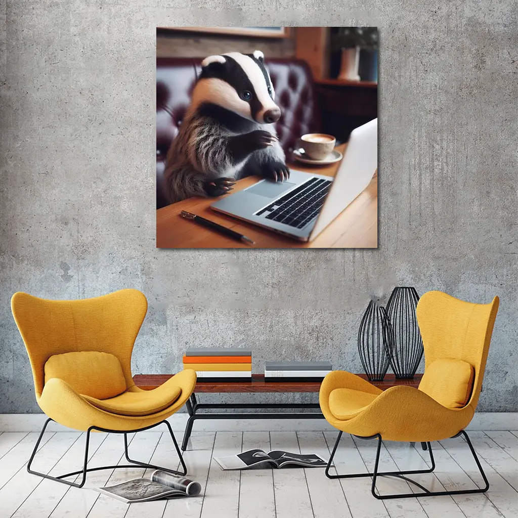 Badger Working On Laptop In Cafe – Wall Art