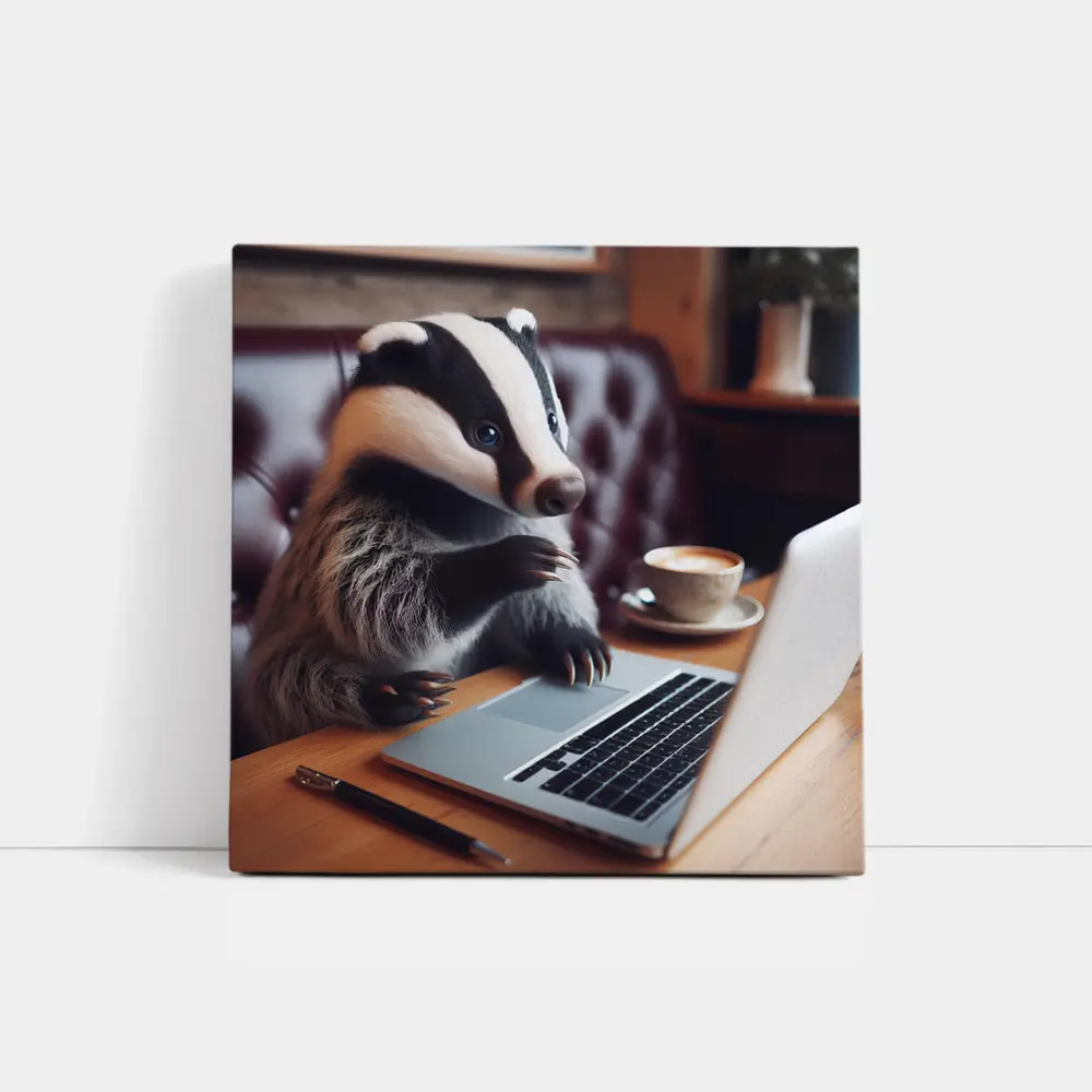 Badger Working On Laptop In Cafe – Wall Art