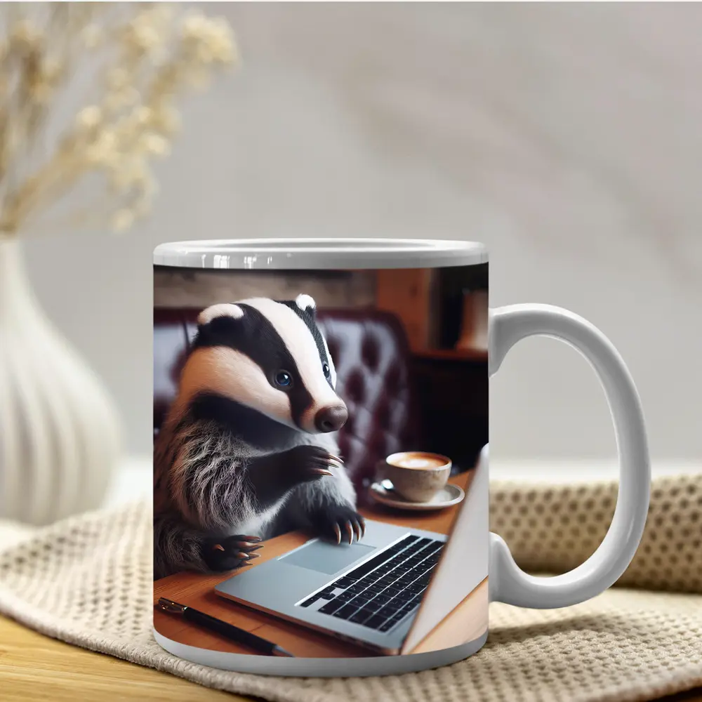 Badger Working On Laptop In Cafe – Mugs