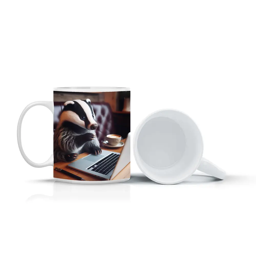 Badger Working On Laptop In Cafe – Mugs