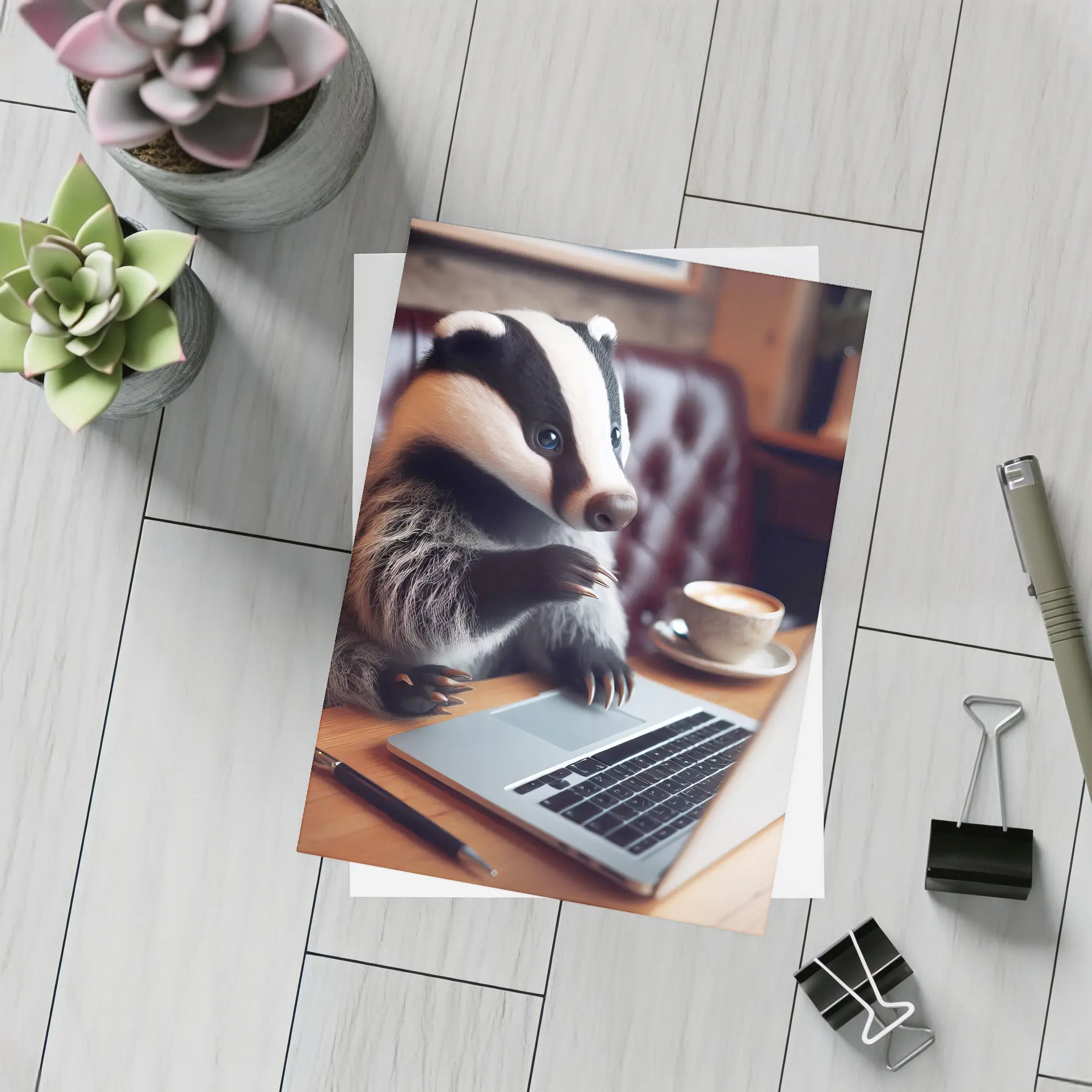 Badger Working On Laptop In Cafe – Postcards