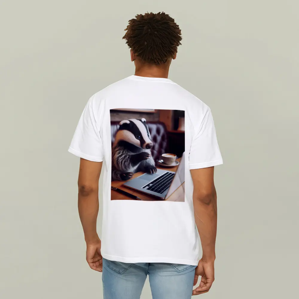 Badger Working On Laptop In Cafe – T-Shirts