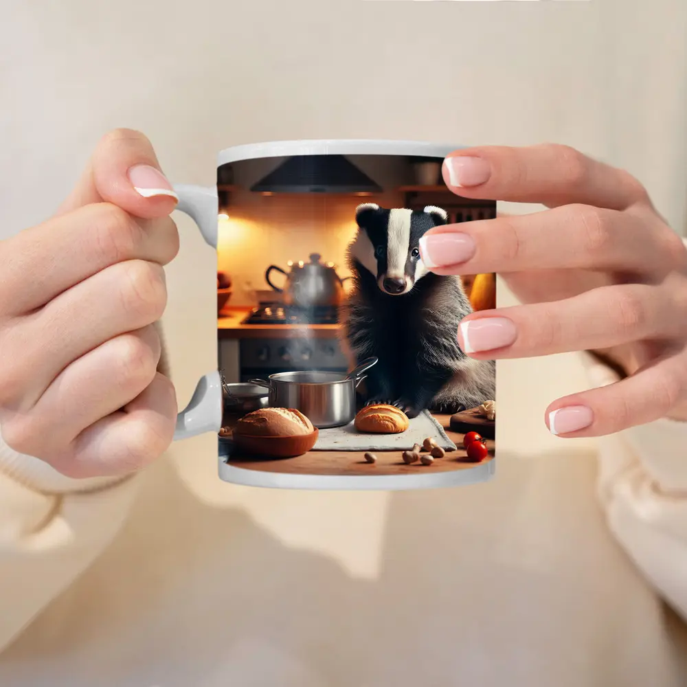 Badger Cooking In Cozy Kitchen Setting – Mugs
