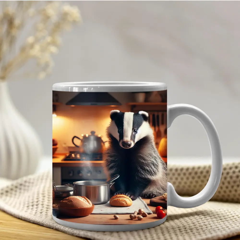 Badger Cooking In Cozy Kitchen Setting – Mugs