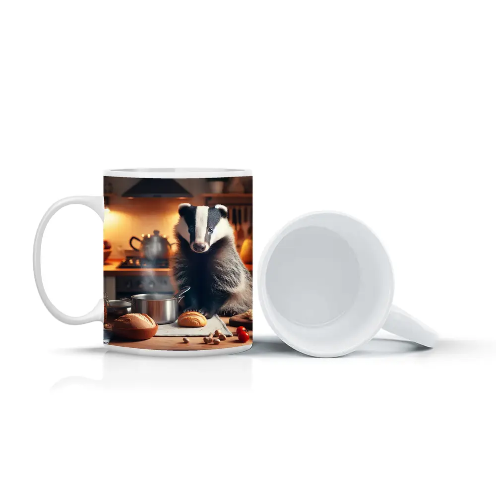 Badger Cooking In Cozy Kitchen Setting – Mugs