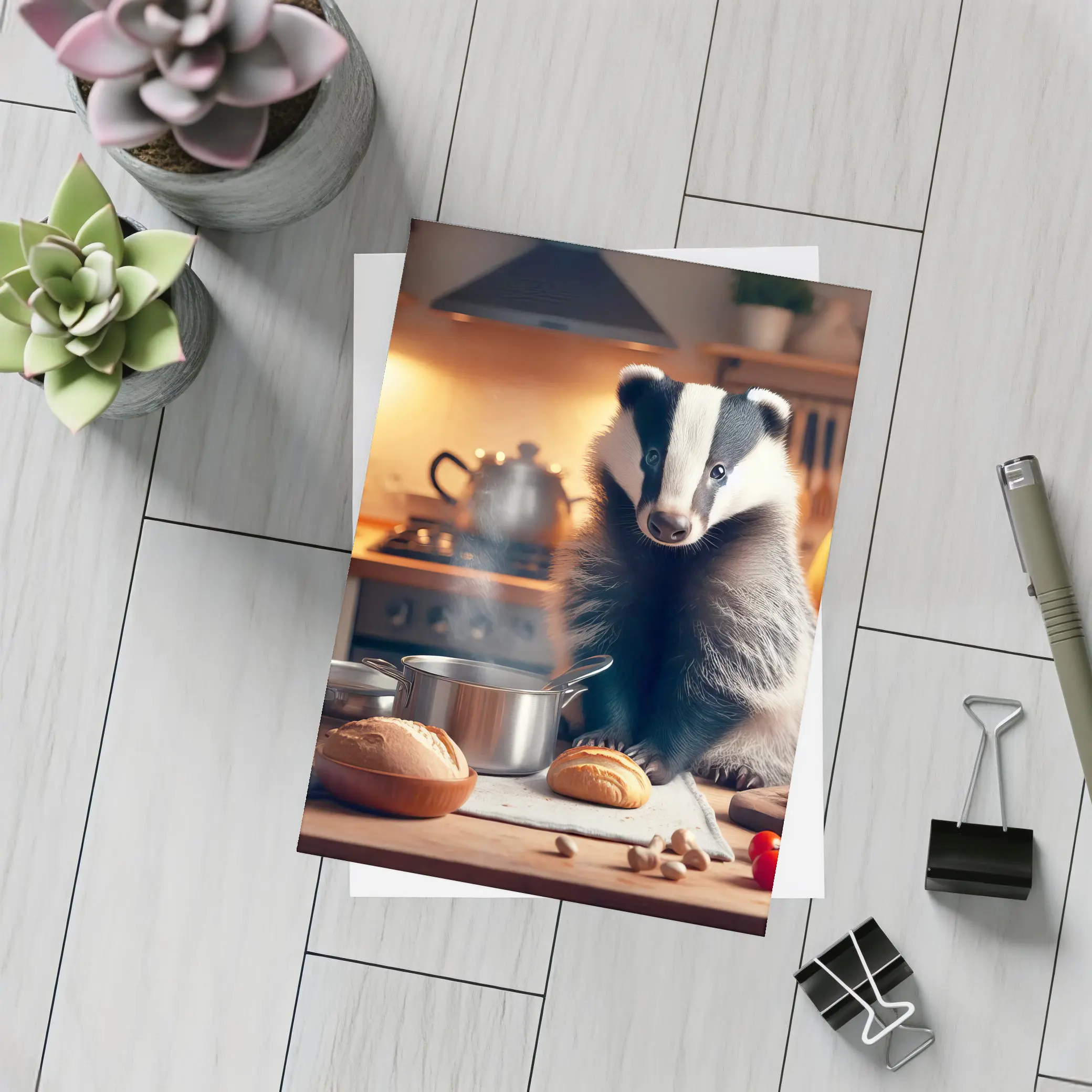 Badger Cooking In Cozy Kitchen Setting – Postcards