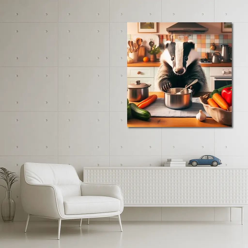 Badger Cooking In Cozy Kitchen – Wall Art