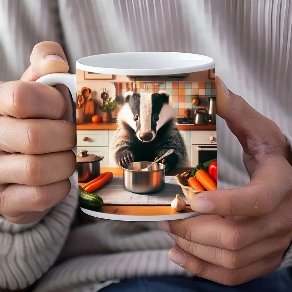 Badger Cooking In Cozy Kitchen – Mugs