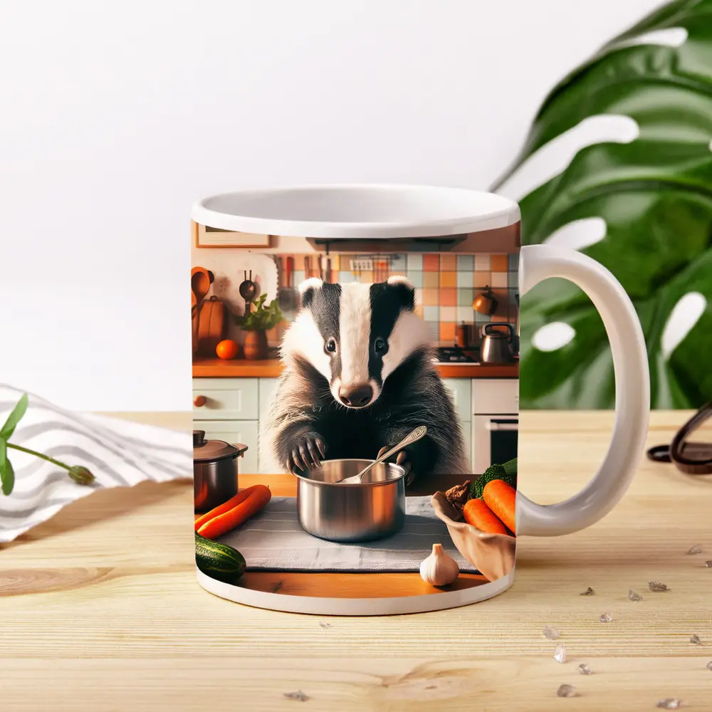 Badger Cooking In Cozy Kitchen – Mugs