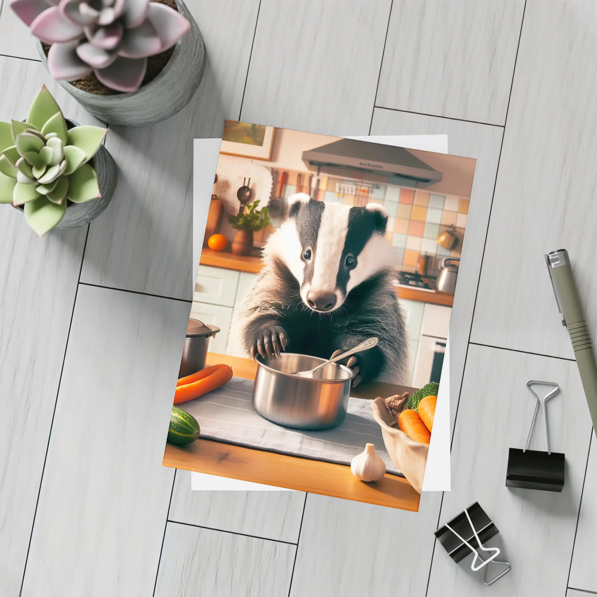 Badger Cooking In Cozy Kitchen – Postcards