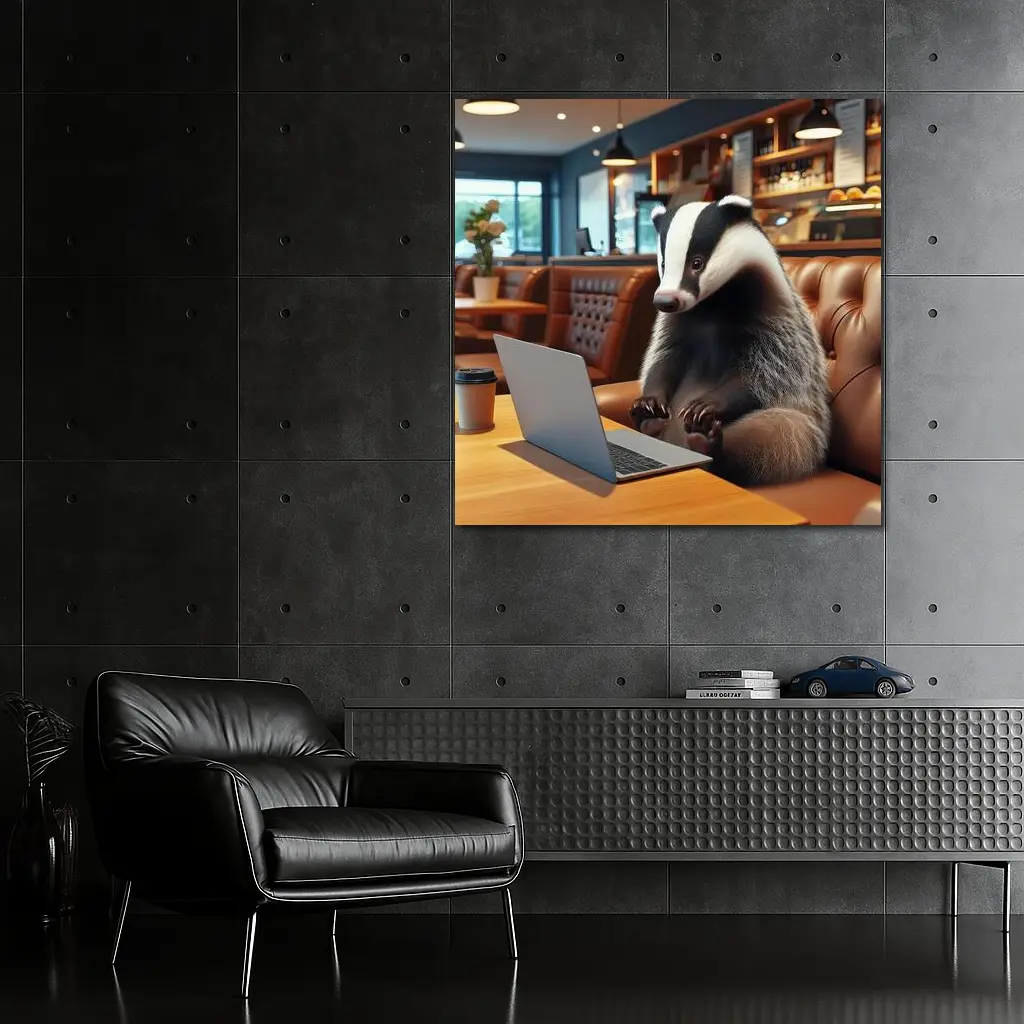 Badger Working On Laptop In Cafe – Wall Art