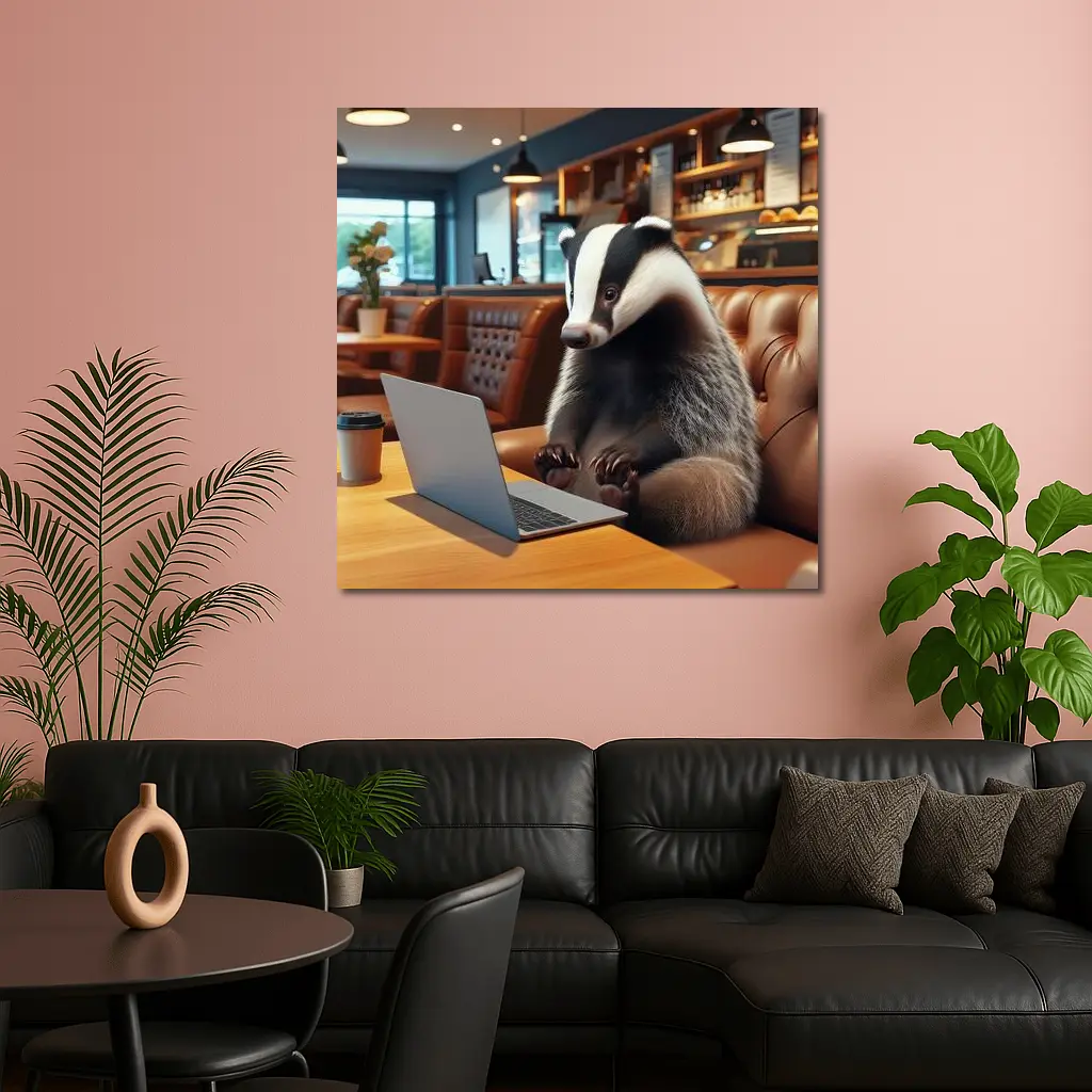 Badger Working On Laptop In Cafe – Wall Art