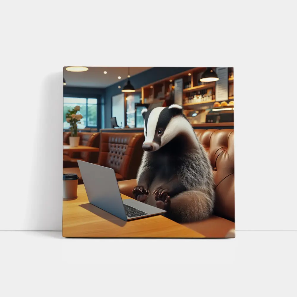 Badger Working On Laptop In Cafe – Wall Art