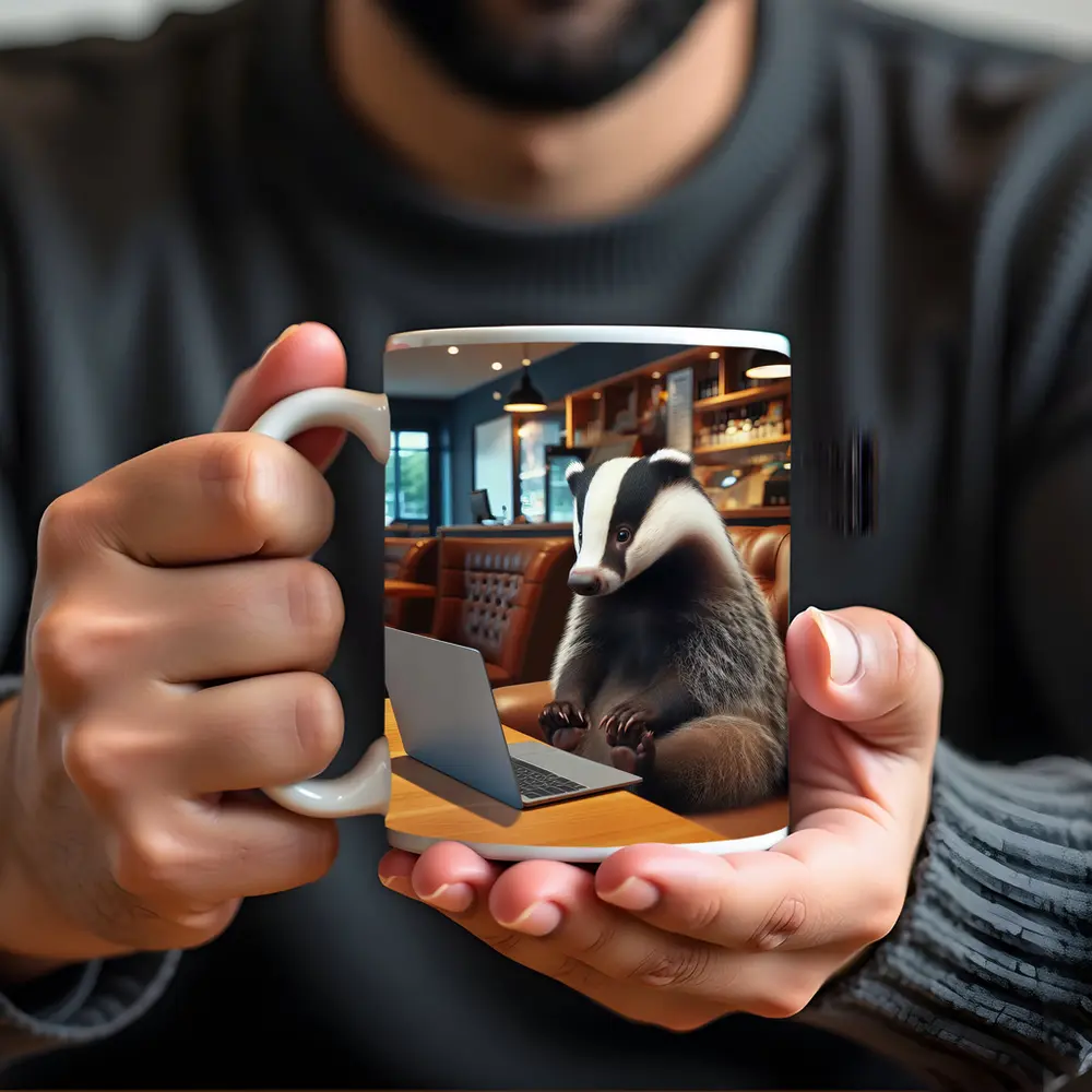 Badger Working On Laptop In Cafe – Mugs