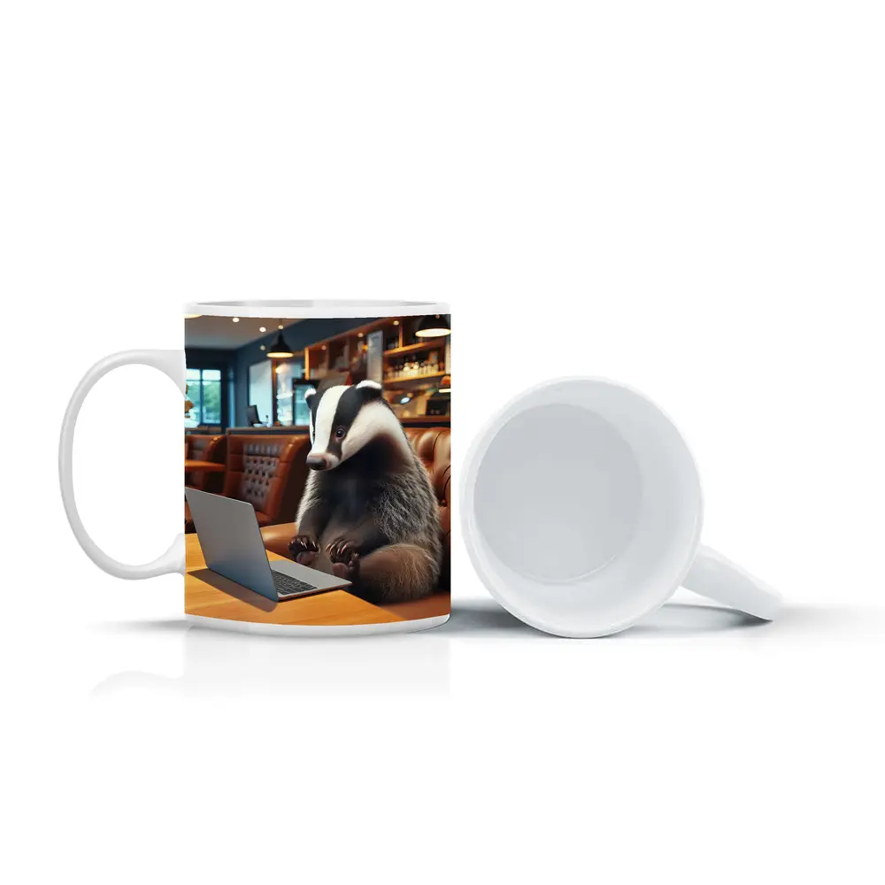 Badger Working On Laptop In Cafe – Mugs
