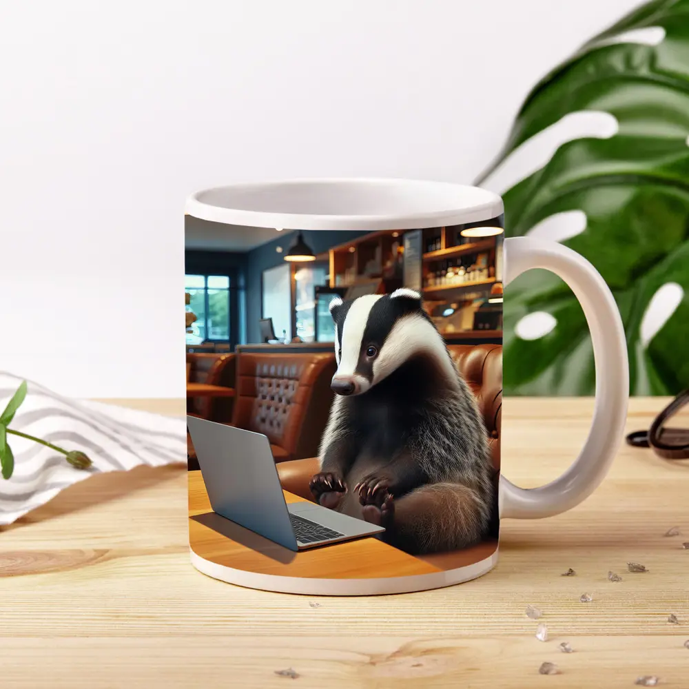 Badger Working On Laptop In Cafe – Mugs