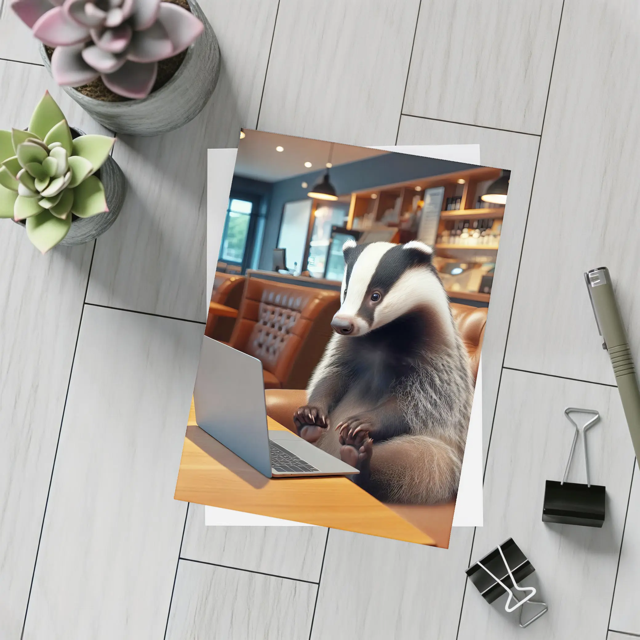 Badger Working On Laptop In Cafe – Postcards