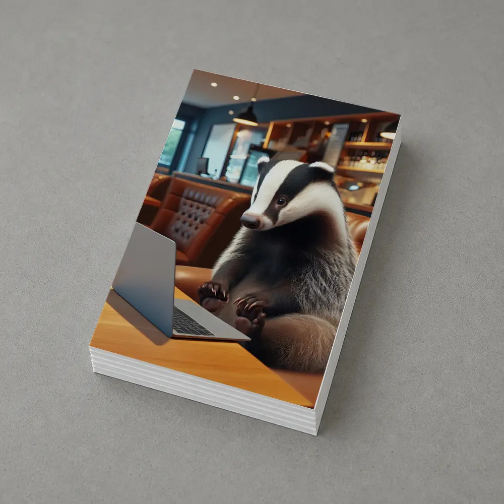 Badger Working On Laptop In Cafe – Postcards