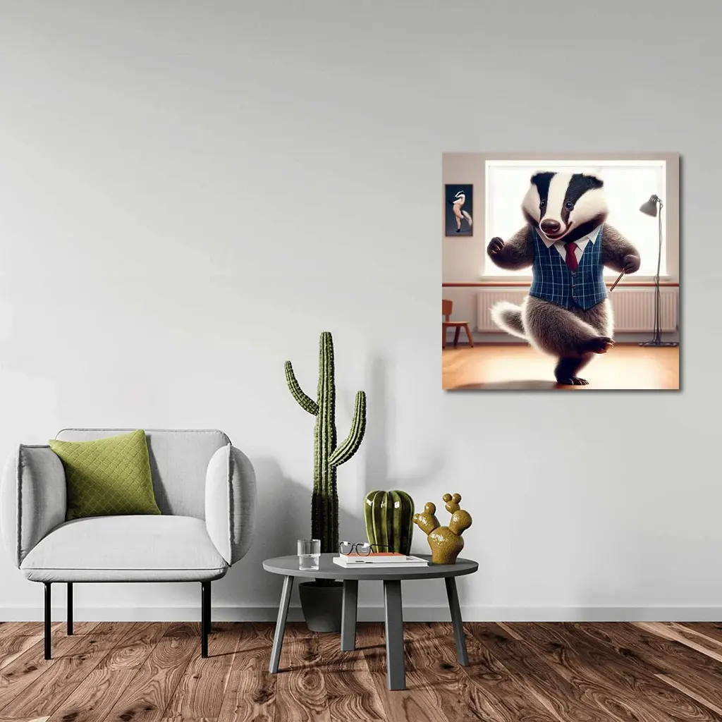 Dancing Badger In Blue Plaid Waistcoat – Wall Art
