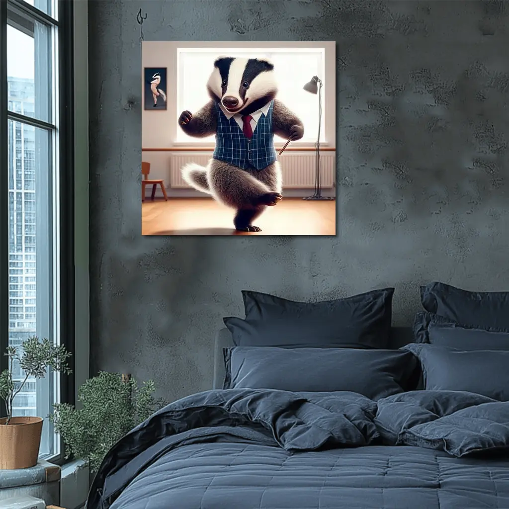 Dancing Badger In Blue Plaid Waistcoat – Wall Art