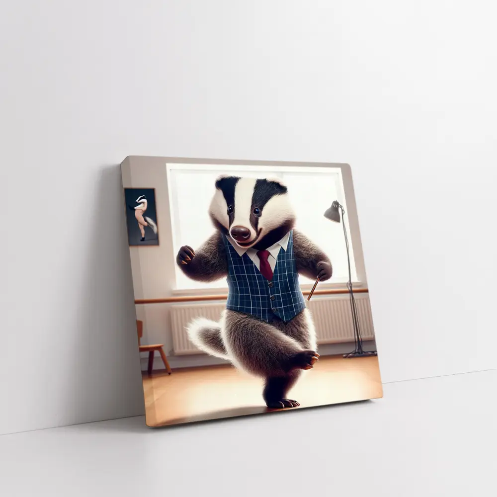 Dancing Badger In Blue Plaid Waistcoat – Wall Art