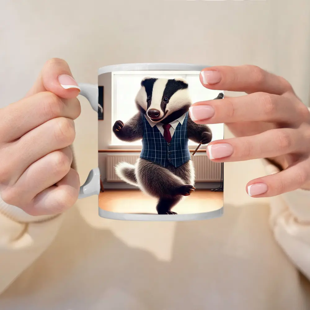 Dancing Badger In Blue Plaid Waistcoat – Mugs