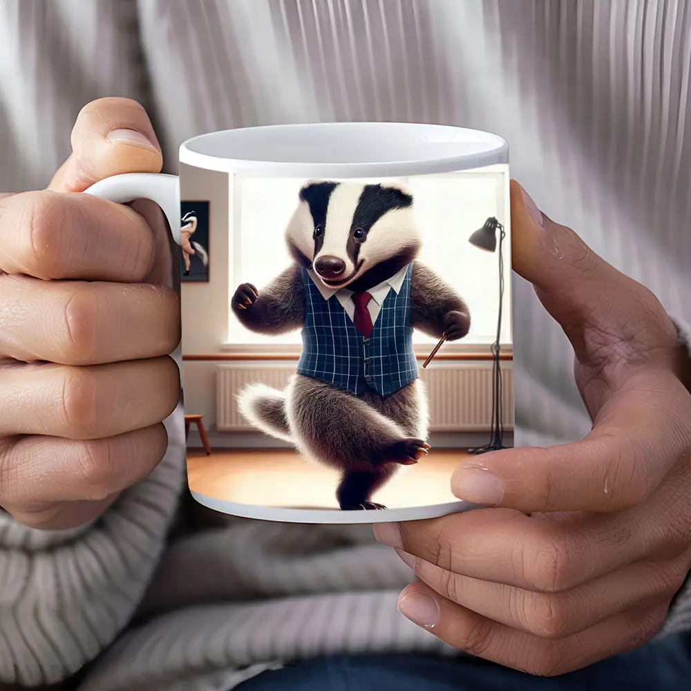 Dancing Badger In Blue Plaid Waistcoat – Mugs