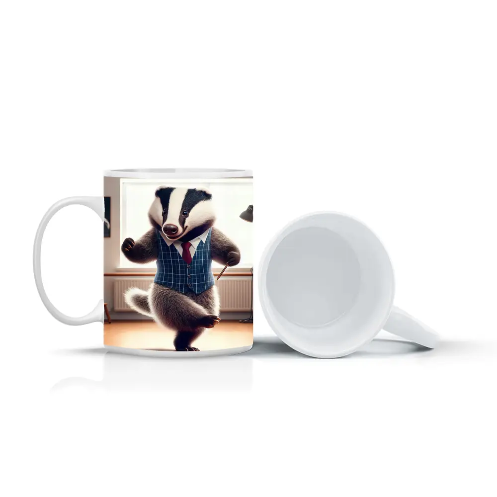 Dancing Badger In Blue Plaid Waistcoat – Mugs