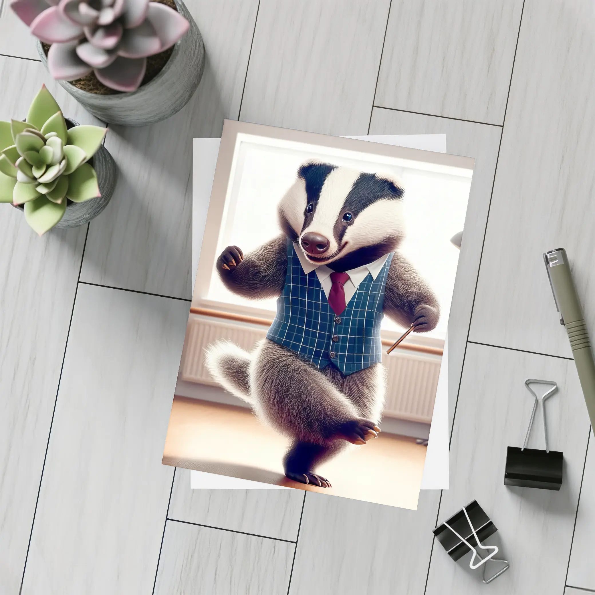 Dancing Badger In Blue Plaid Waistcoat – Postcards