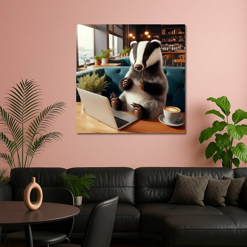Badger Working Laptop Coffee Shop Cafe – Wall Art